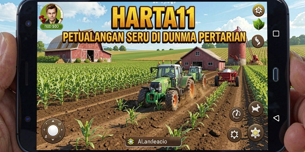 Screenshot utama HARTA11 menampilkan aktivitas bertani yang seru.