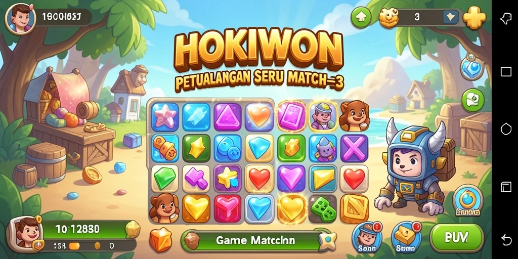 Tampilan gameplay HOKIWON dengan pencocokan permata warna-warni.