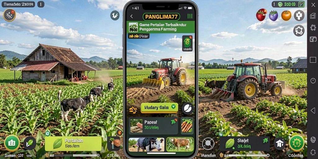 Screenshot gameplay <strong>PANGLIMA77</strong> menunjukkan suasana ladang yang subur dan aktif.