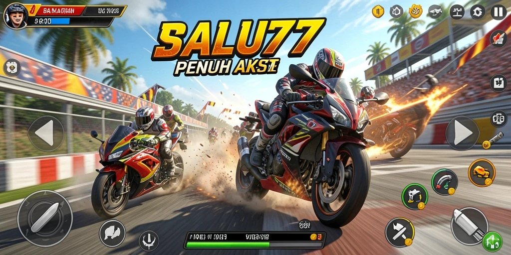 Tampilan gameplay <strong>SATU77</strong> yang menegangkan dalam balapan motor.
